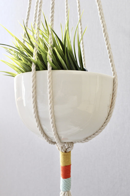 Handcrafted cotton rope planter in color-block macrame