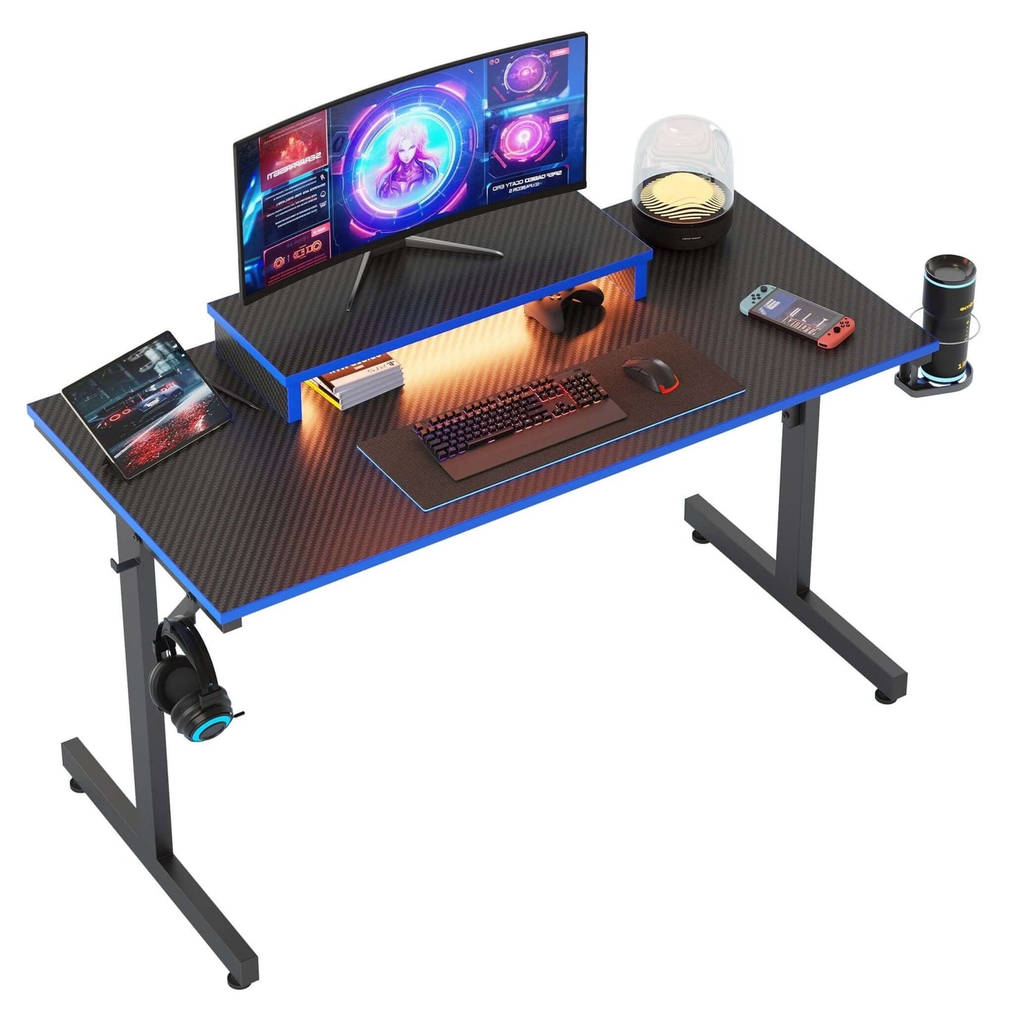 Gaming Desk with LED Lights, Monitor Stand, Hook, and Cup Holder