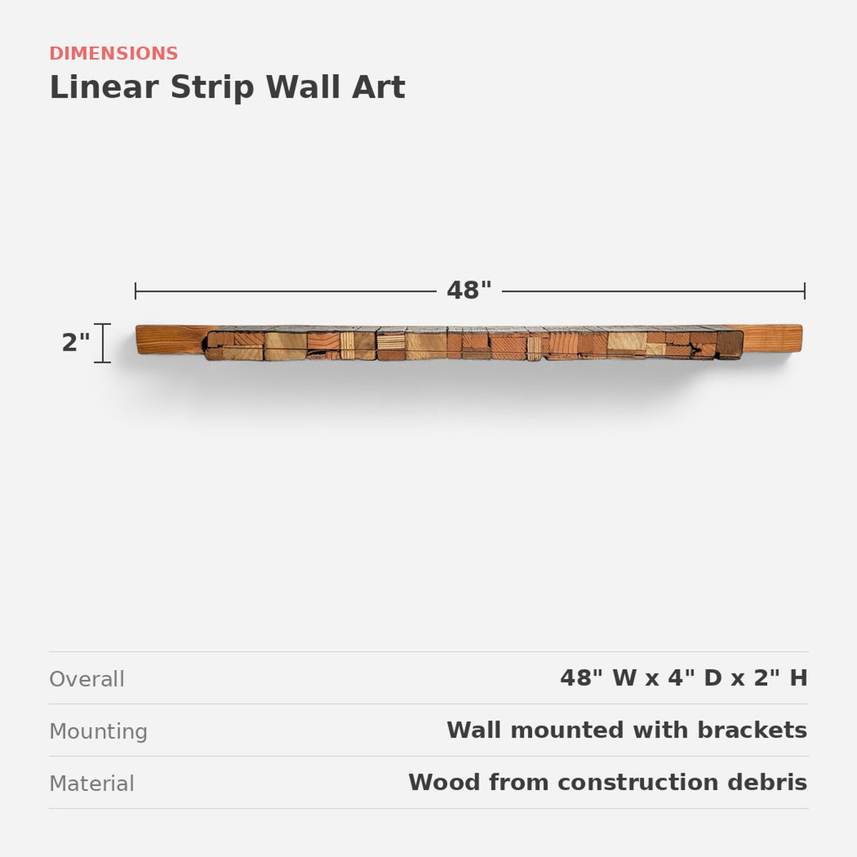 Charred Wood Wall Art, 48 Inch Linear Strip Sculpture