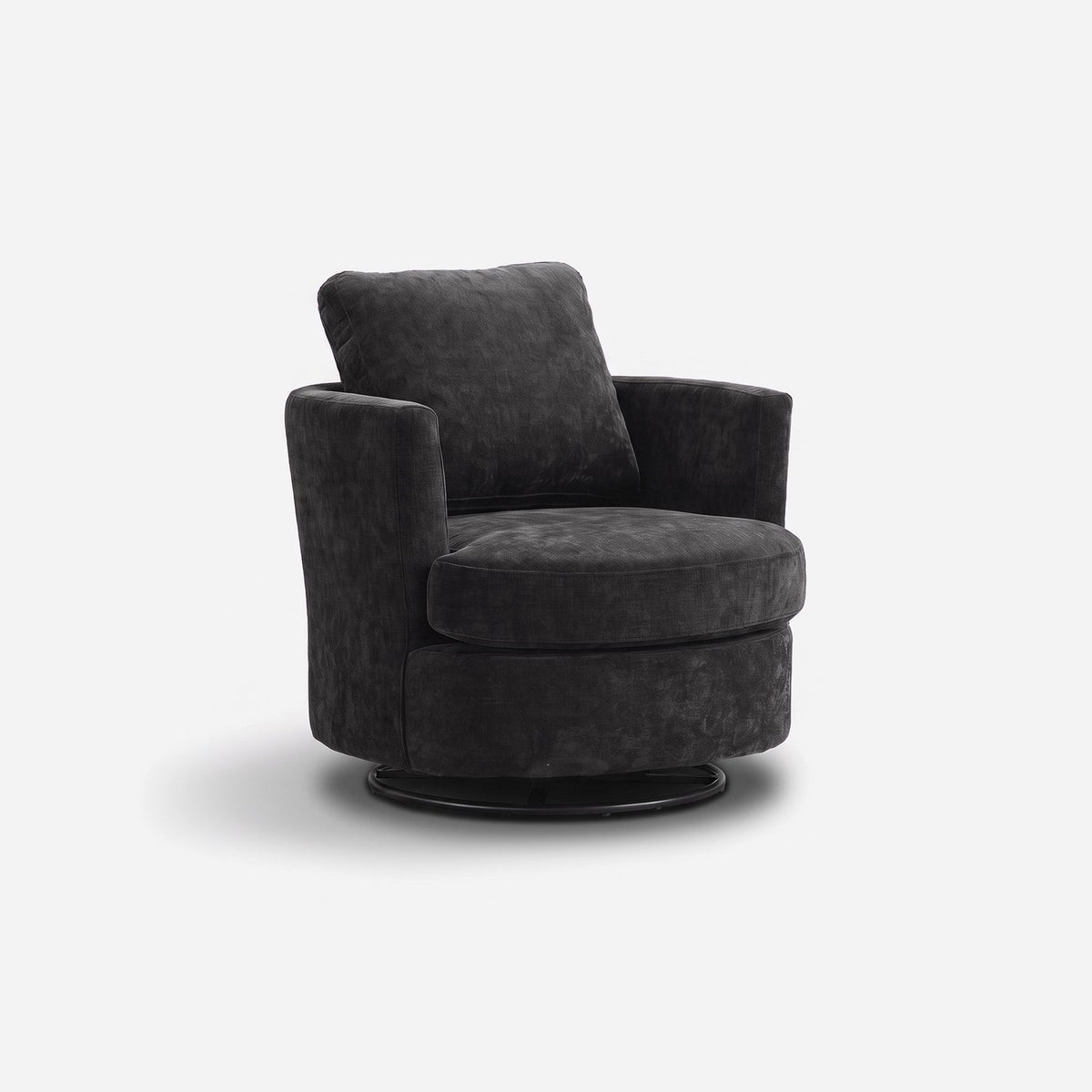 Black chenille swivel barrel chair with flared arms, loose back pillow and round black steel base
