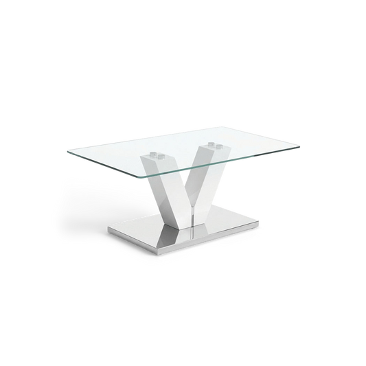 V shaped coffee table base in white high-gloss with a mirror chrome plate, three-quarter angle