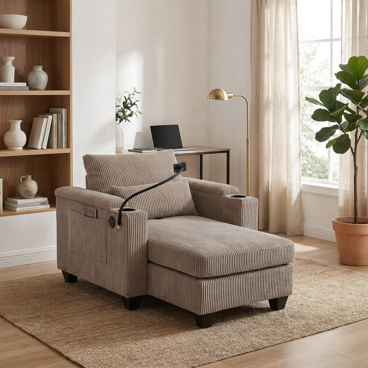 Corduroy chaise lounge chair with extended seat in a sunlit home office lounge corner