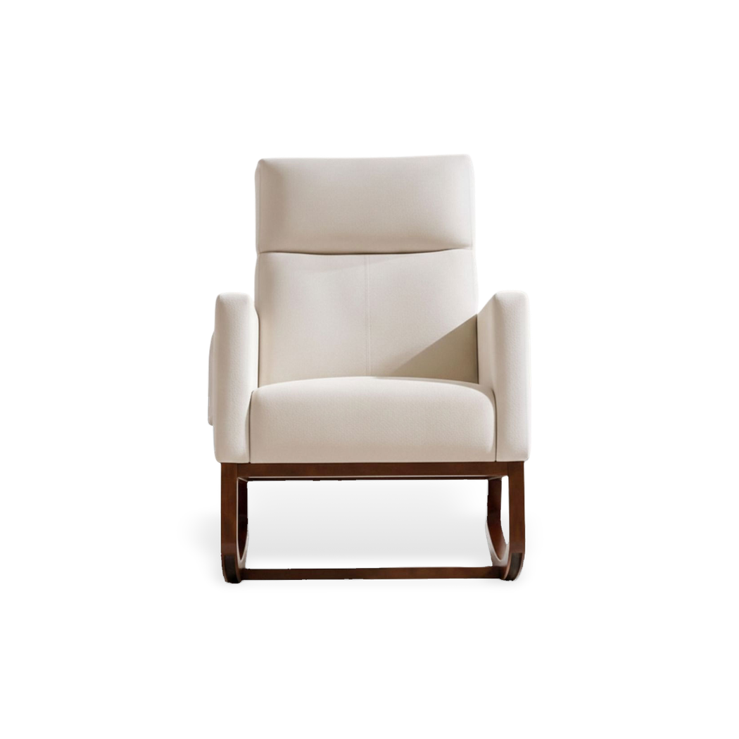 Cream Adirondack rocking chair with a wood base and side pocket, styled against a #f3f3f3 studio backdrop.