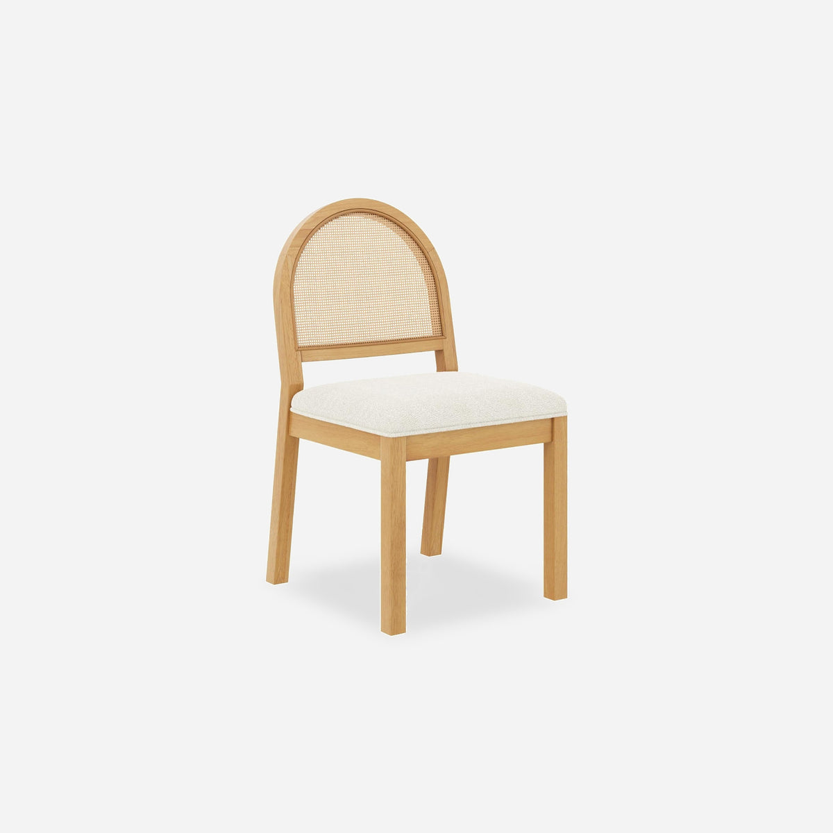 Rattan boucle dining chair with a woven cane arch and square wood legs, three-quarter view