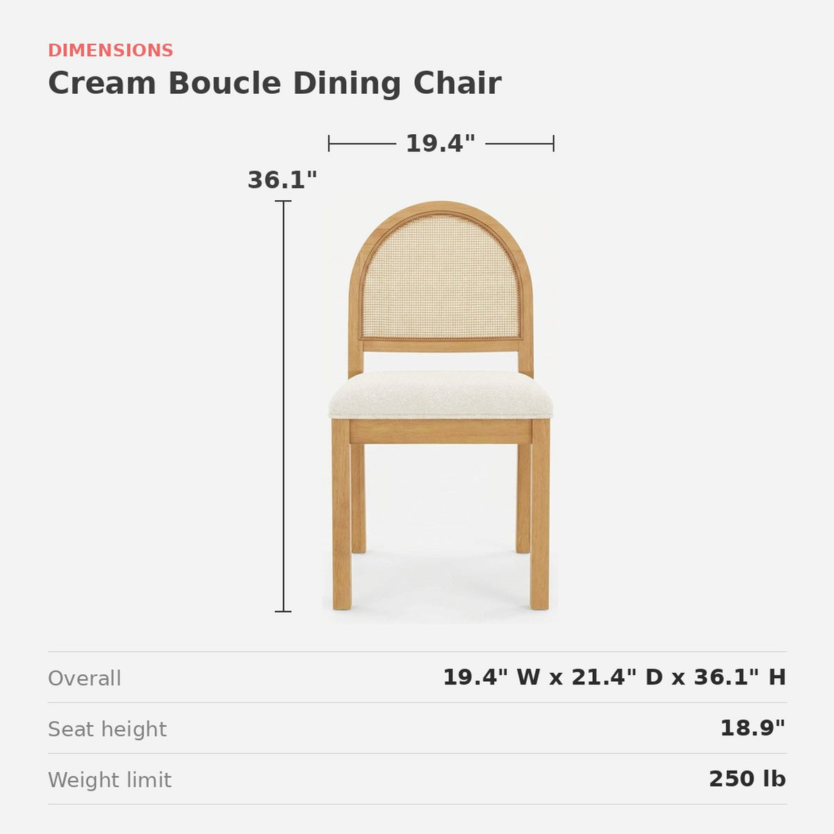 Dimensions card for the cane back boucle chair, 19.4 wide, 21.4 deep, 36.1 high inches
