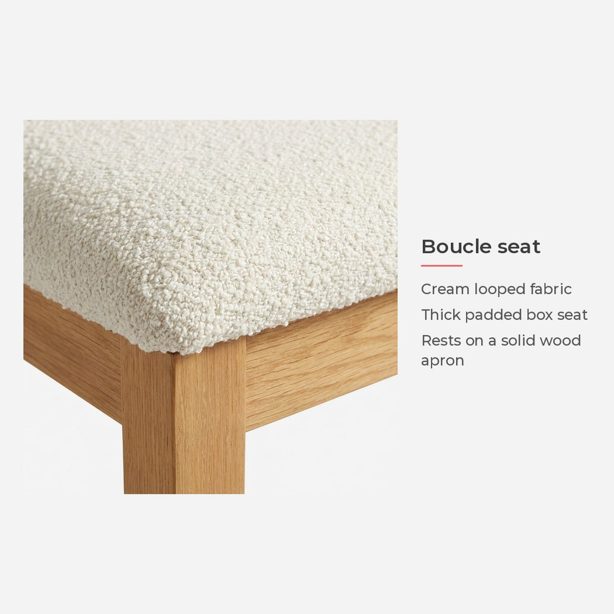 Spec card: thick cream boucle seat on a wood apron