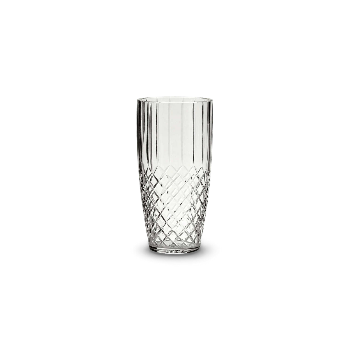 Diamond cut crystal vase, straight front view on a transparent #f3f3f3 ground (plain studio)