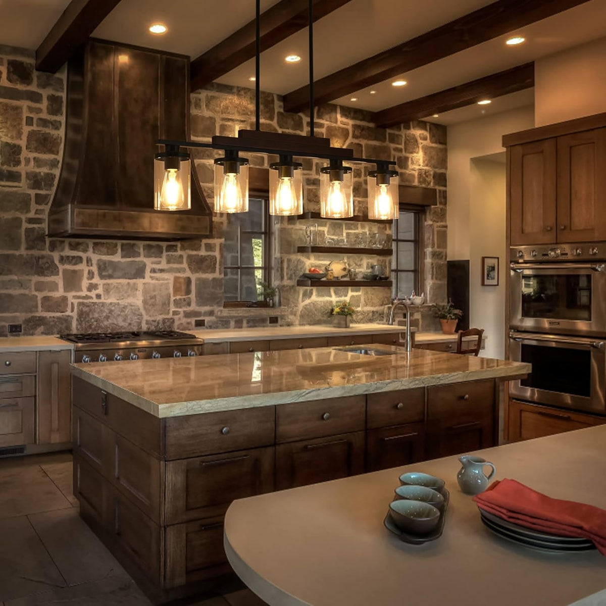 Five Light Farmhouse Linear Chandelier With Rustic Wood