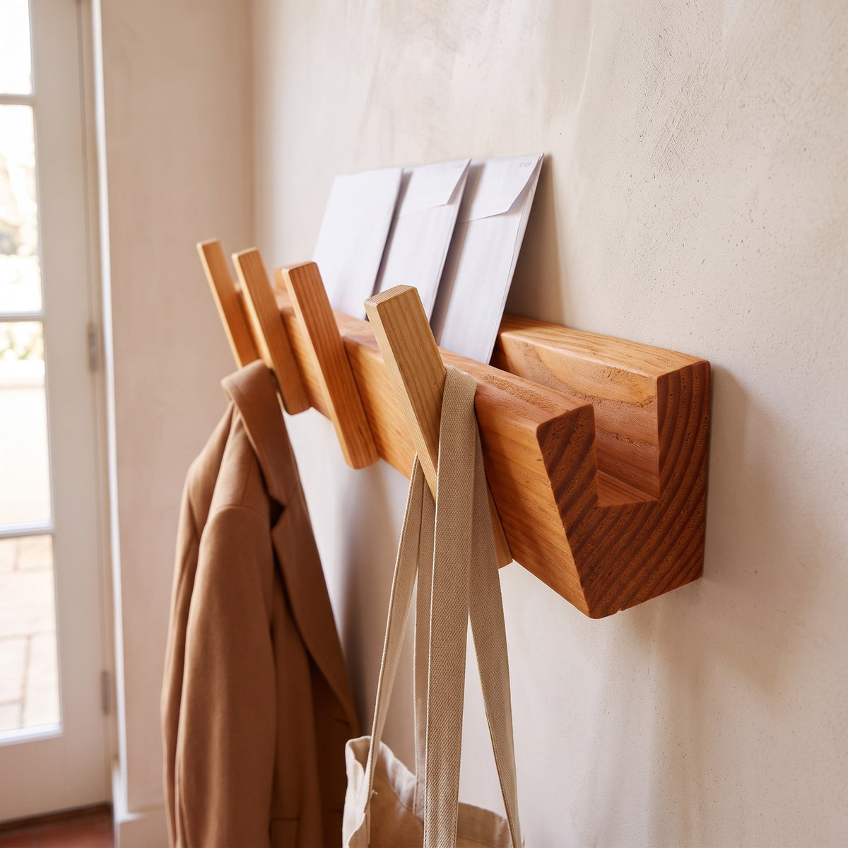 Close high view of the reclaimed fir coat rack's mail channel and end grain, left pegs cut at the frame (close-up detail)