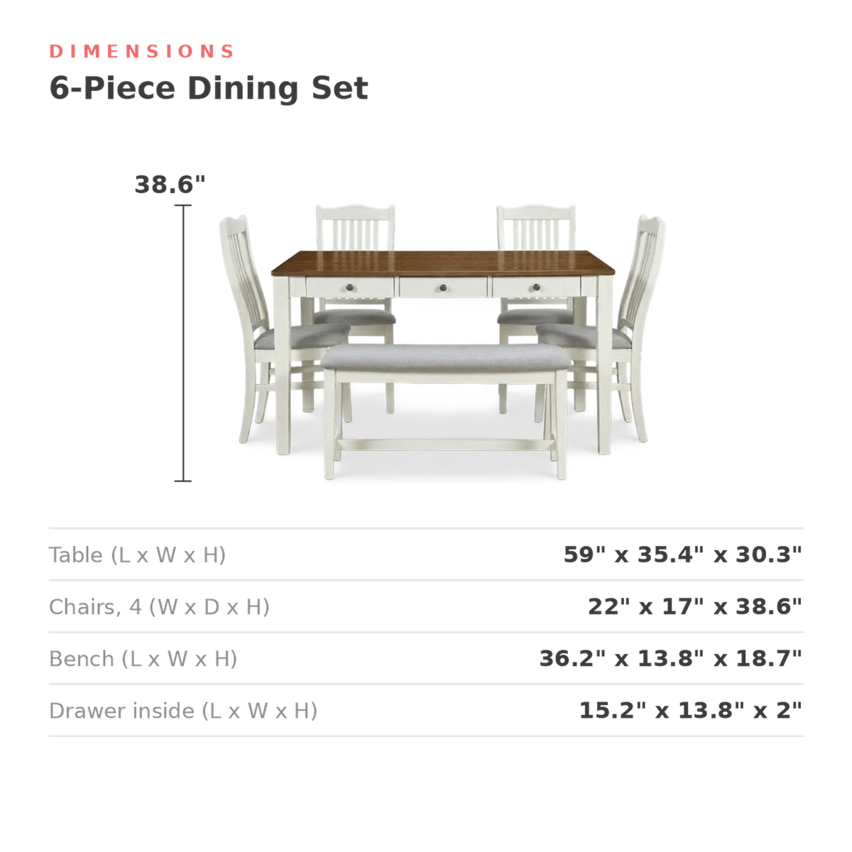 Dimensions of the set: table 59 in. long, 35.4 in. wide, 30.3 in. high (dimensions)