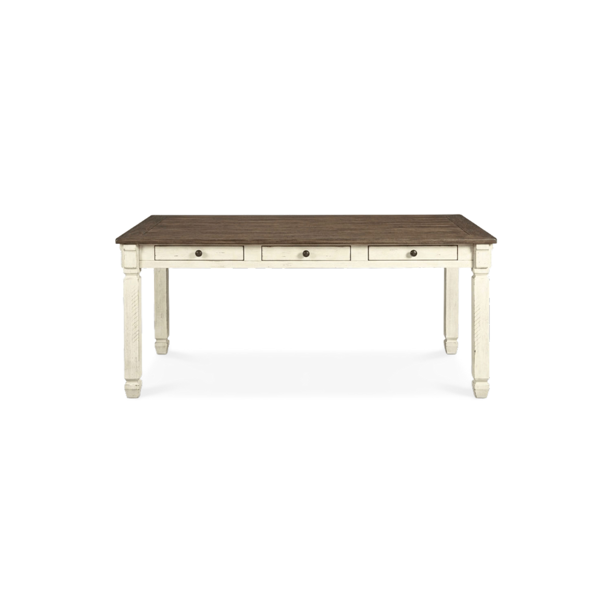 Dining table with drawers in a two-tone whitewash finish, front view (plain studio)