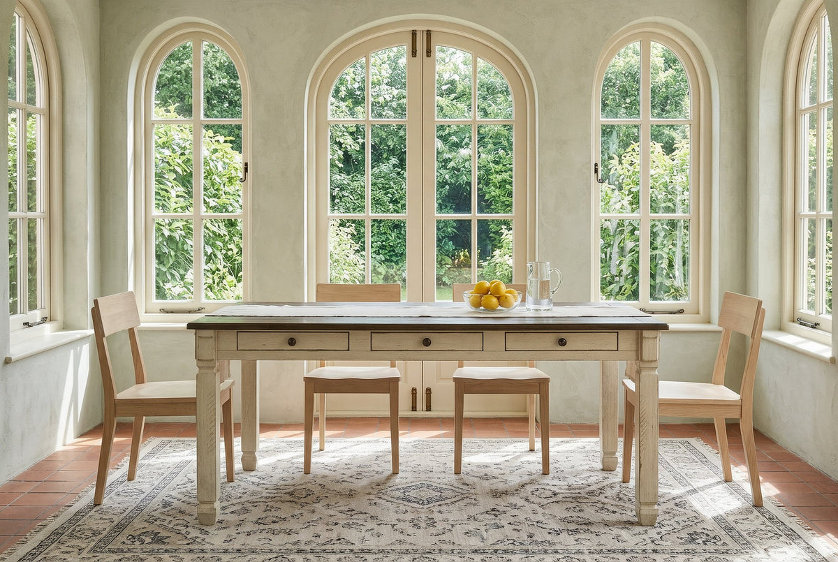 Two-tone whitewash table with drawers in a sunlit garden dining room