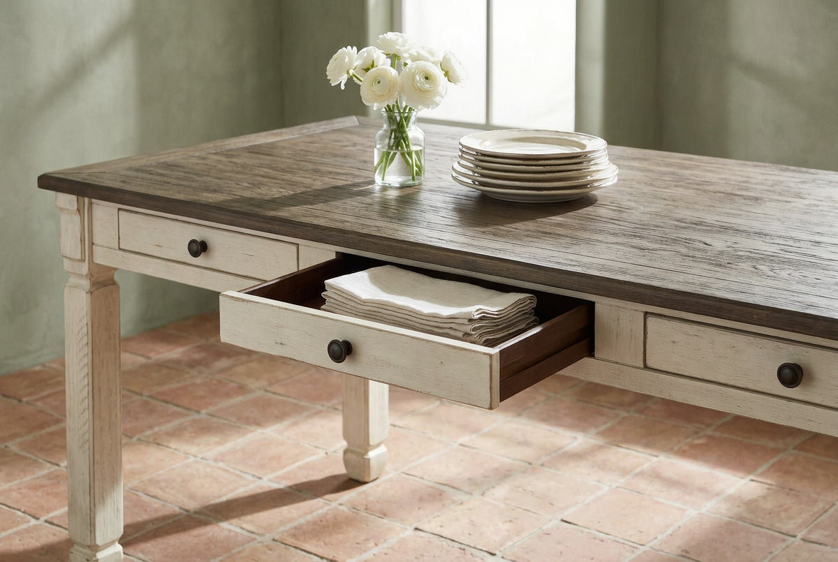 Whitewash table: one drawer open with folded linen, in a garden dining room