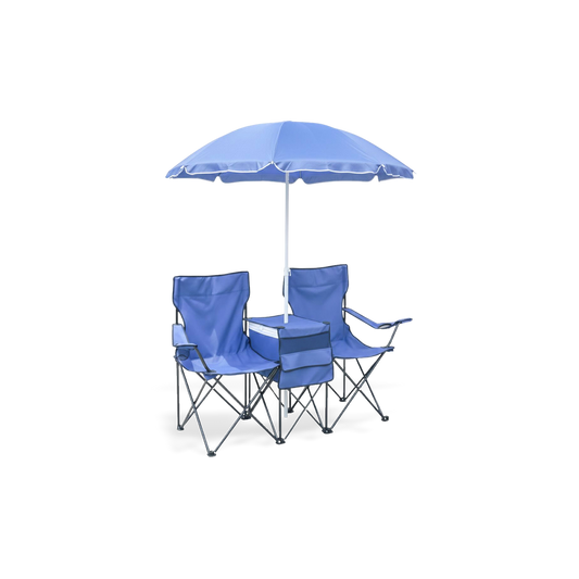 Portable beach chair with cup holders, shown with the adjustable umbrella removed for open-air seating.