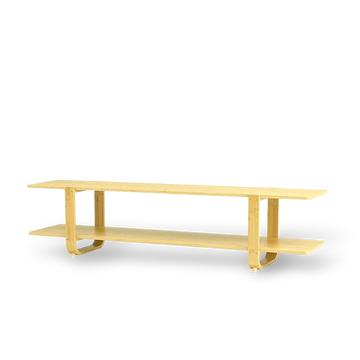 65-inch Bamboo Media Stand with two shelves in warm burlywood finish, eco-friendly bamboo for 65-inch TVs