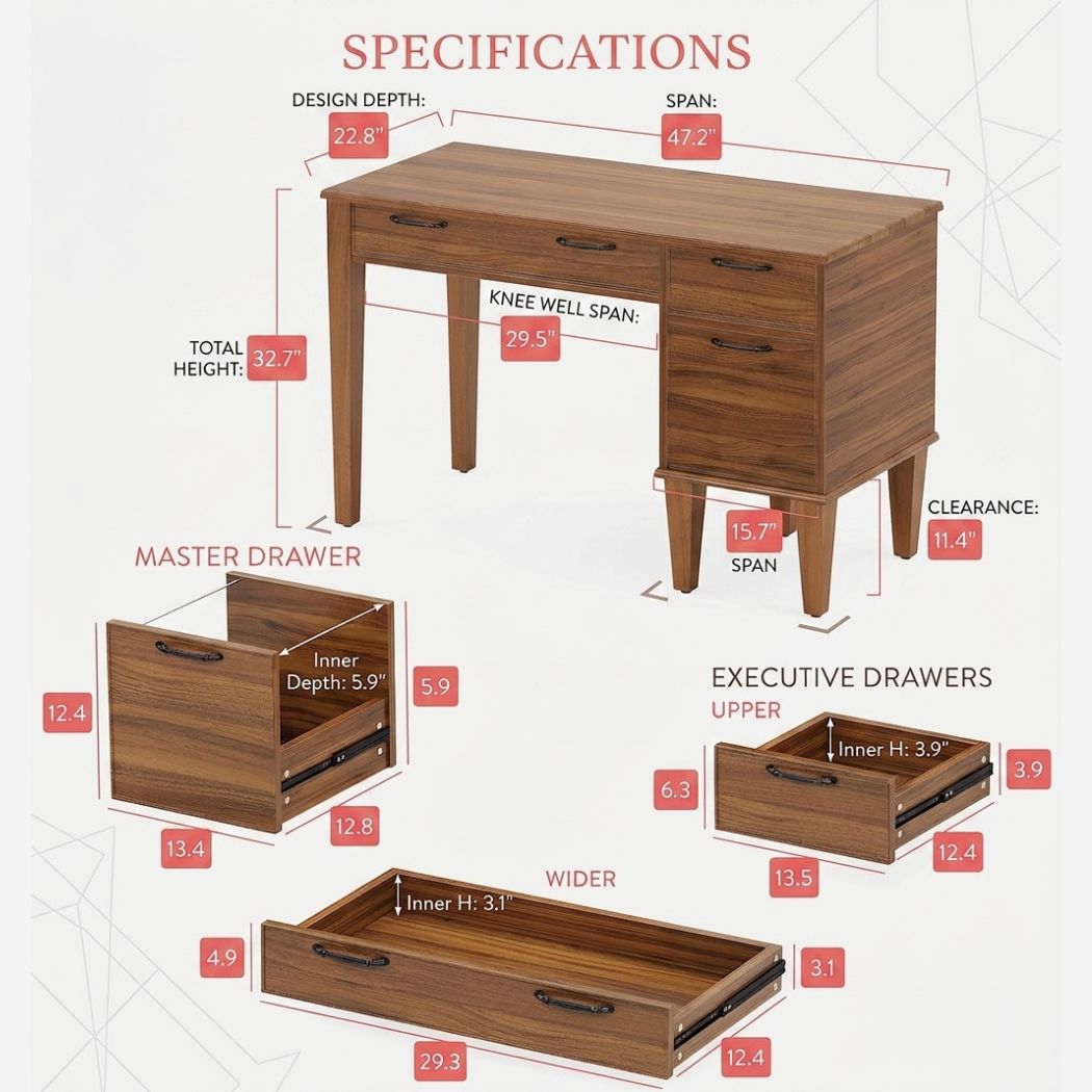 A product specification diagram for a wooden writing desk with labeled dimensions (feature callout)