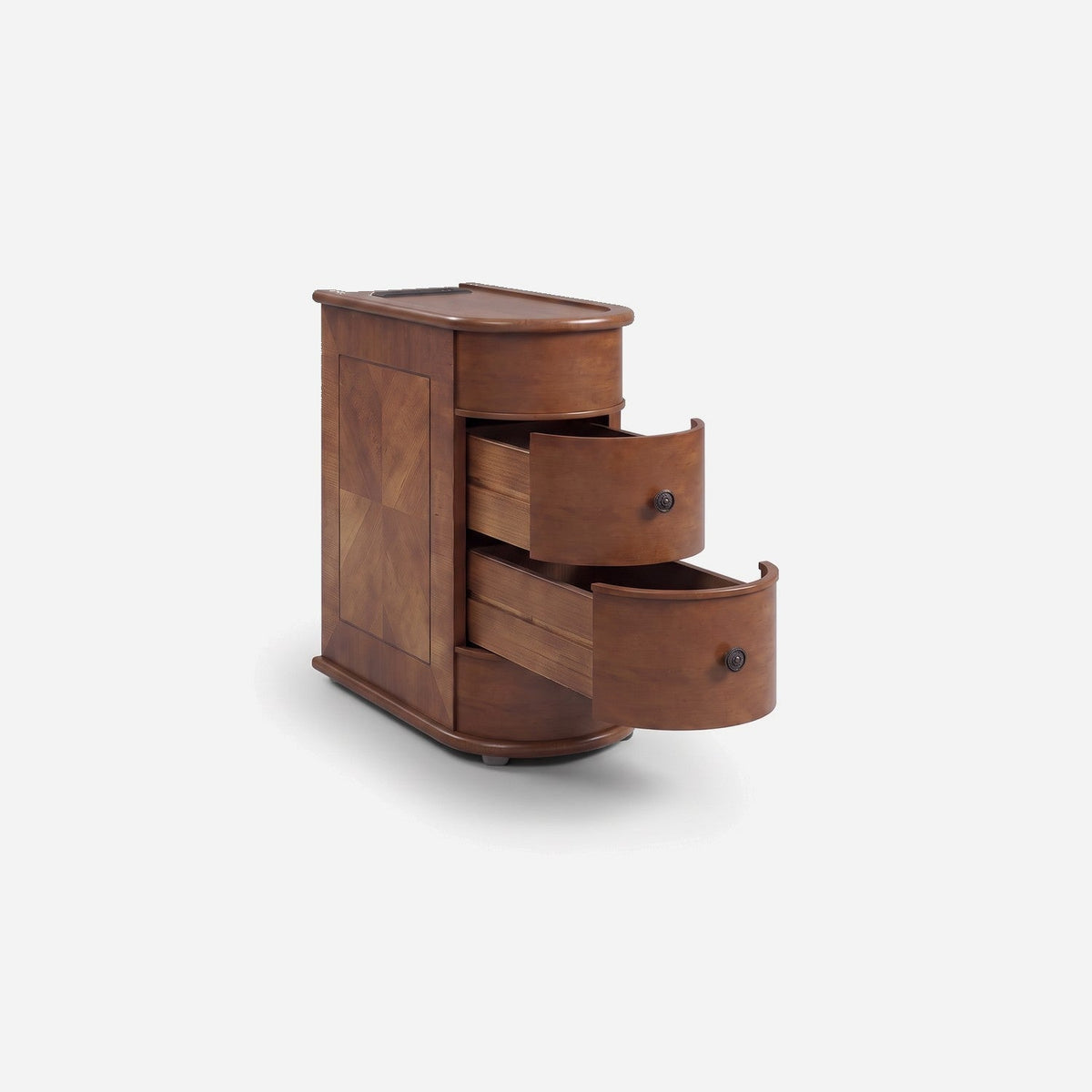 End table with charging station, two drawers and arc design in rubber wood, front view