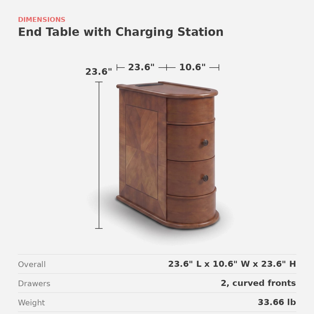 End Table with Charging Station, Two Drawers, Arc Frame