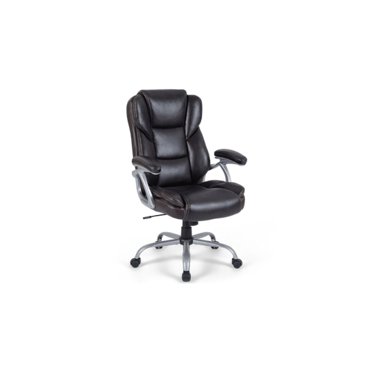 Leather executive chair in dark brown with a silver 5-claw base, turned at an angle