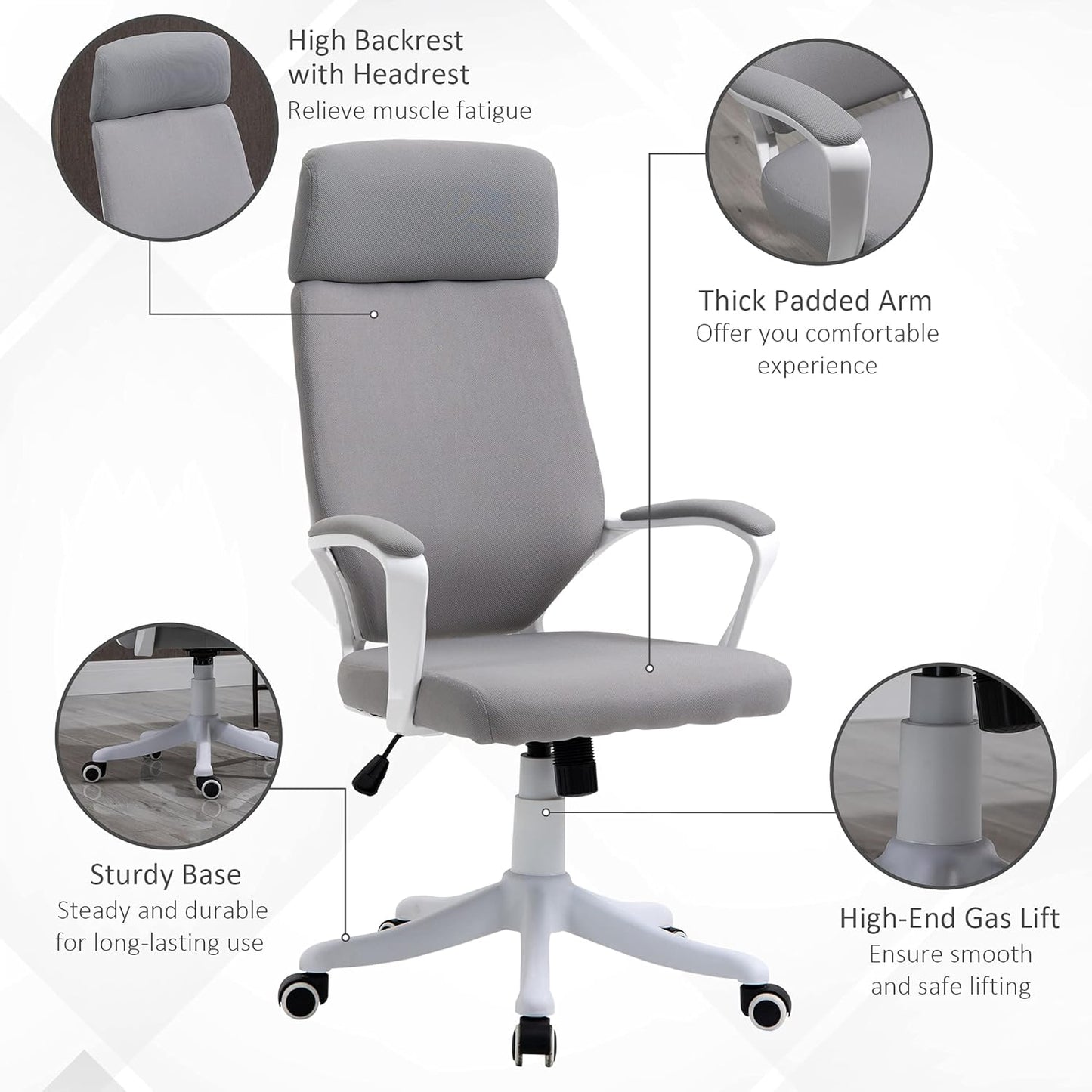 Gray office chair with features highlighted