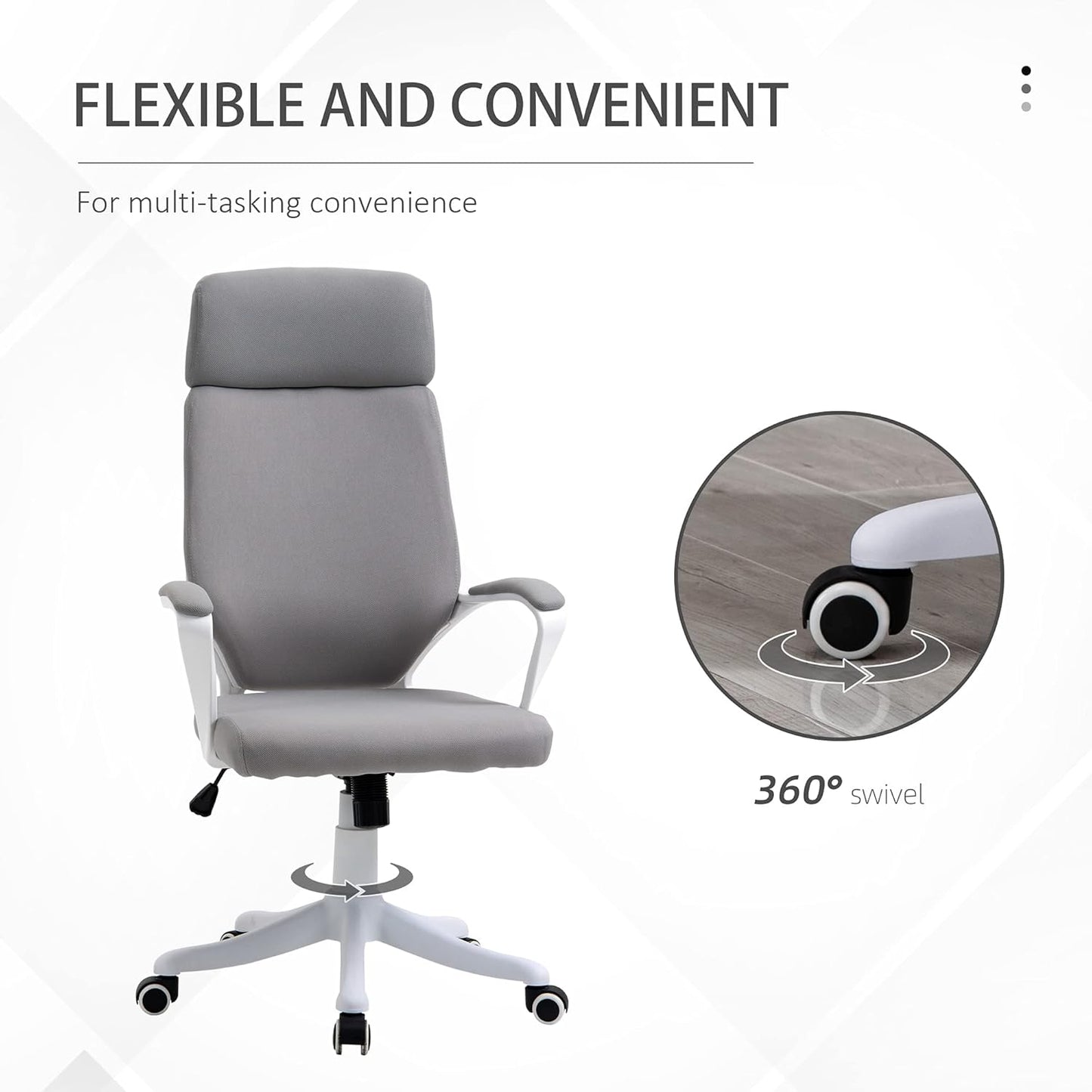 Gray office chair with white base on a light gray background, featuring text about flexibility and convenience.