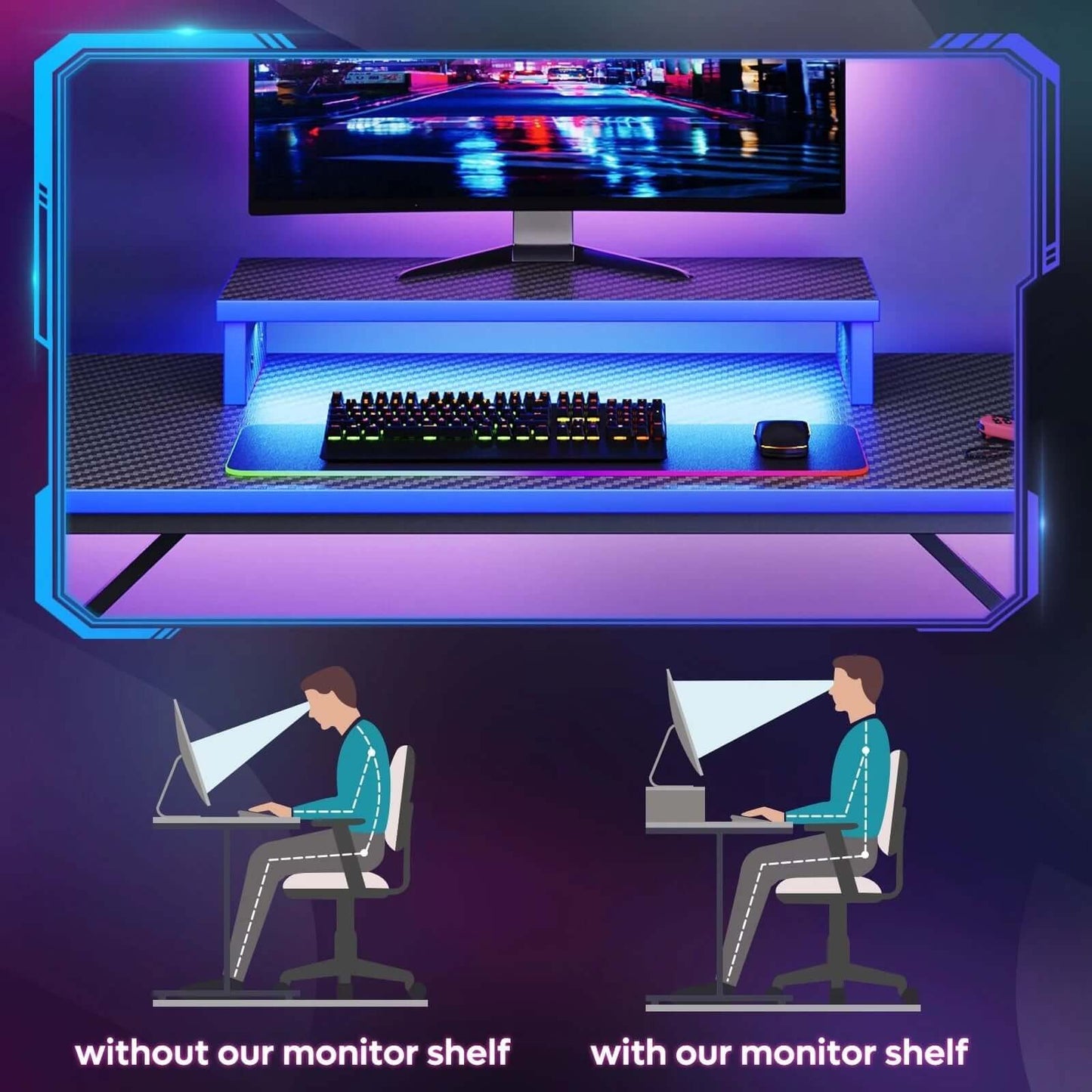 Gaming Desk with LED Lights, Monitor Stand, Hook, and Cup Holder