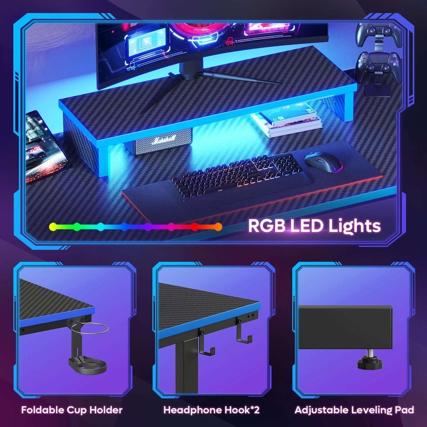 Gaming Desk with LED Lights, Monitor Stand, Hook, and Cup Holder