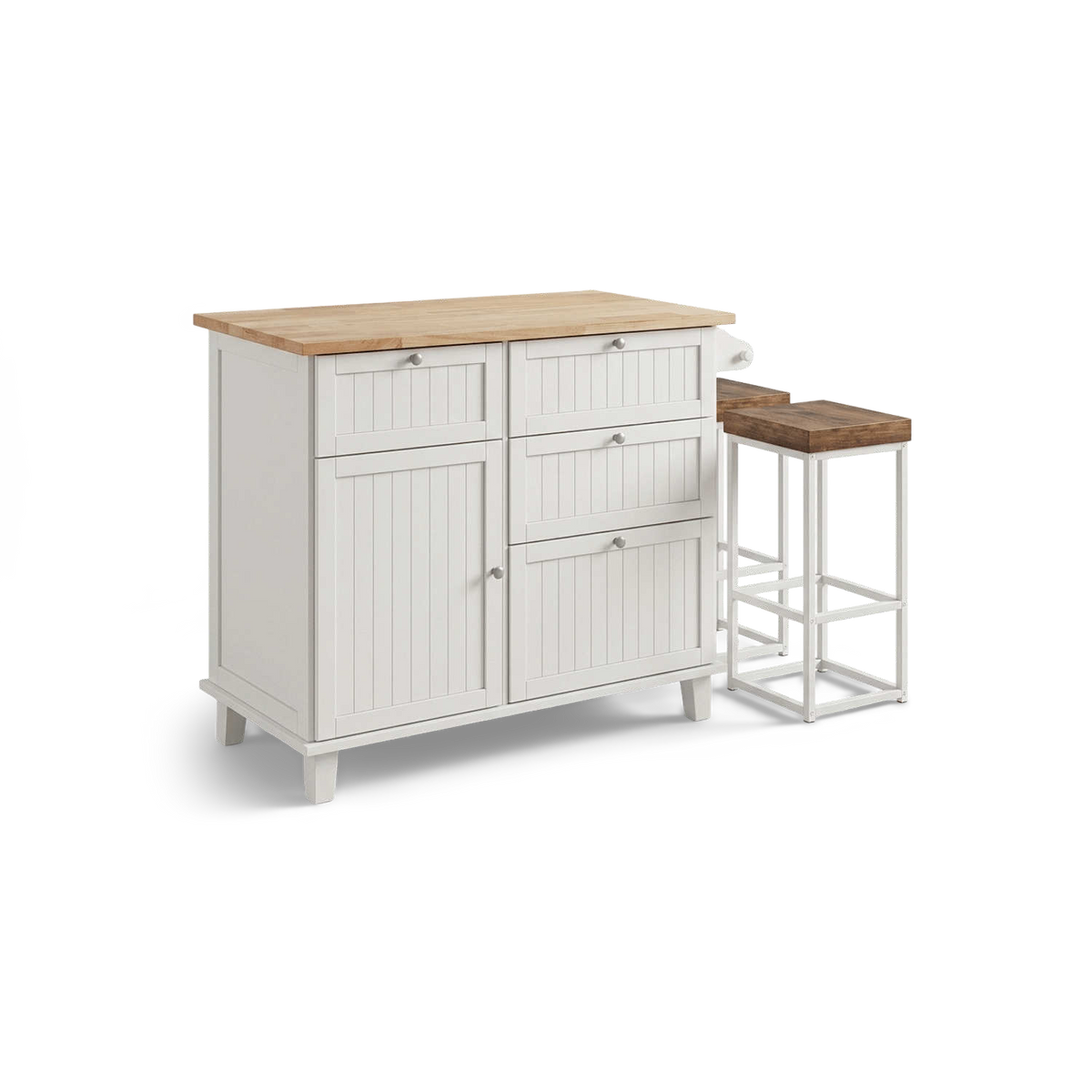Rubberwood top kitchen island with two stools, angled view on a #f3f3f3 studio ground