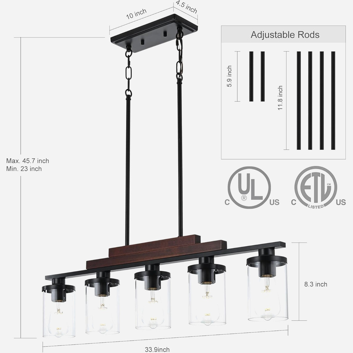 Dimension diagram for five light farmhouse linear chandelier showing 33.9 inch width and adjustable height