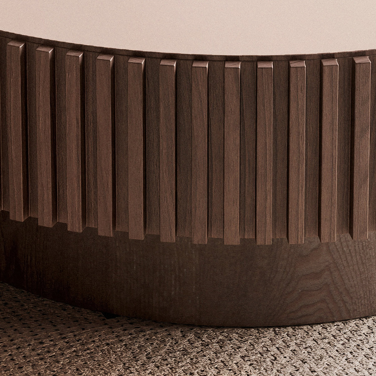 Tightly spaced vertical walnut slats around the table drum (close-up detail)