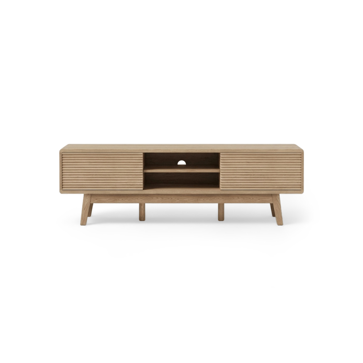 Fluted TV stand in natural oak, front view on #f3f3f3 studio background (plain studio)