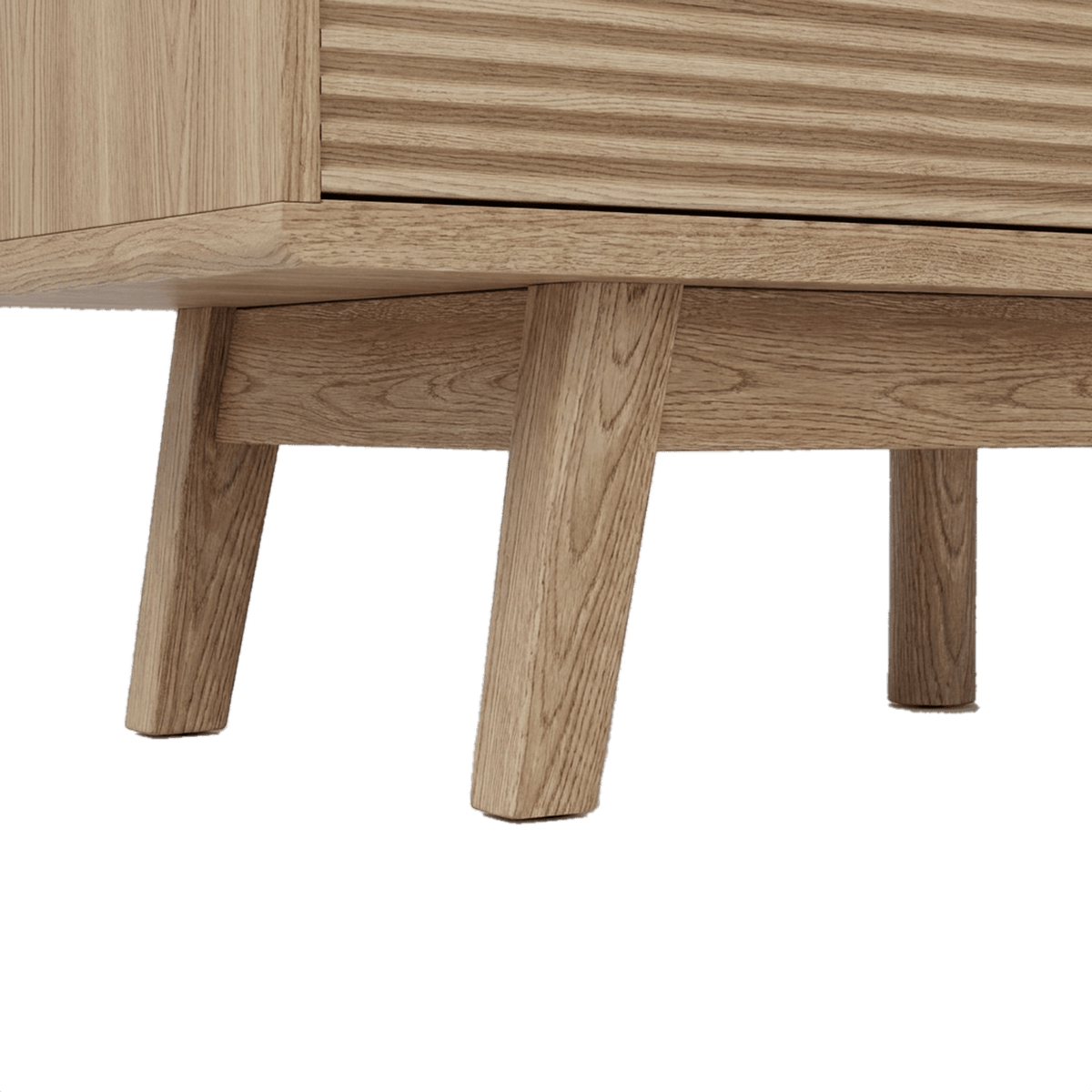 Splayed tapered leg, box-frame rail and round dowel leg in an oak finish (close-up detail)