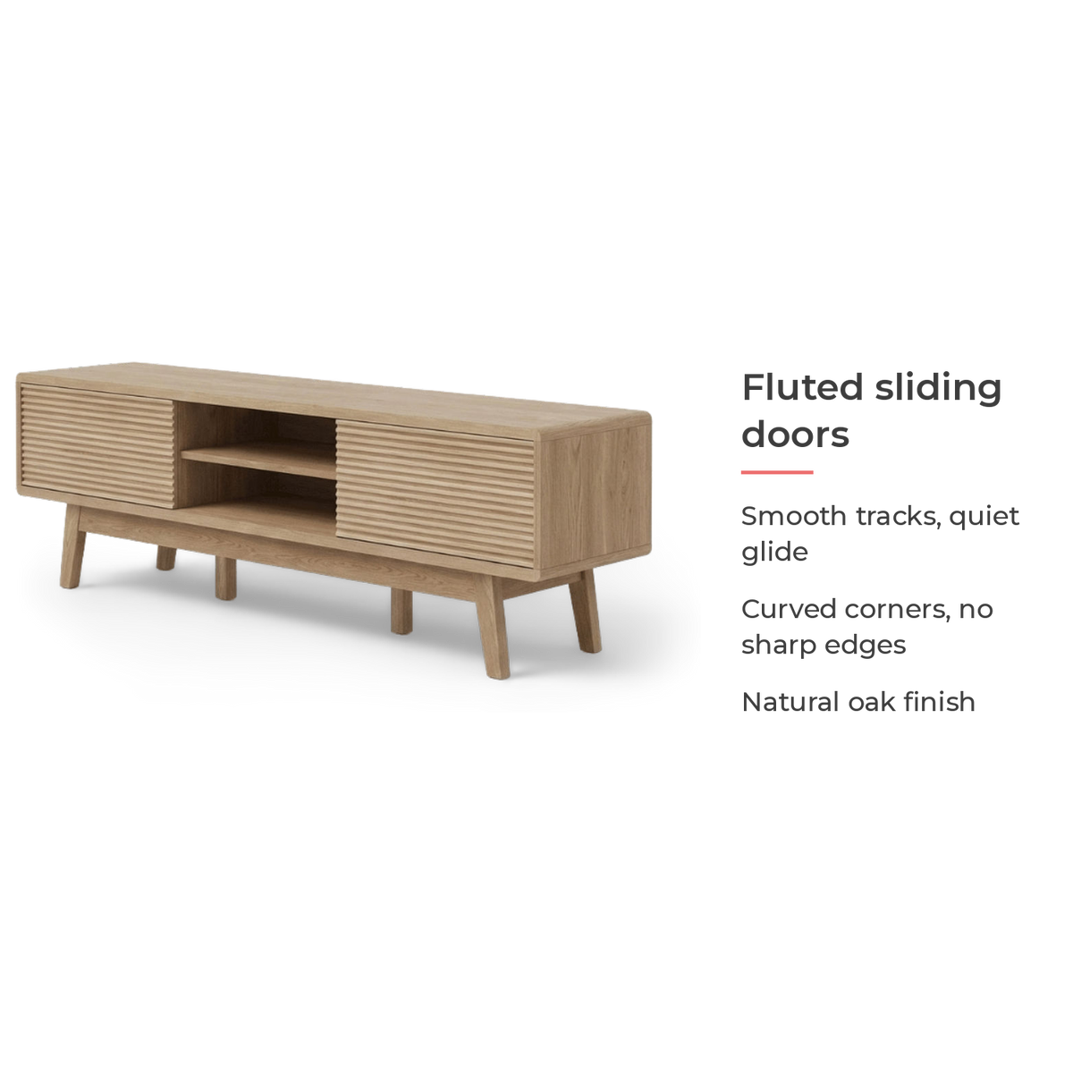 Sliding fluted doors on smooth tracks with curved corners in natural oak (feature callout)