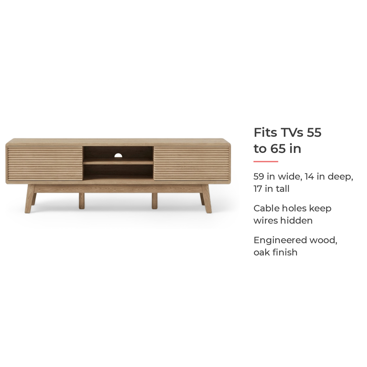 Size and TV fit: 59 x 14 x 17 in, fits 55 to 65 in TVs, three cable holes (feature callout)