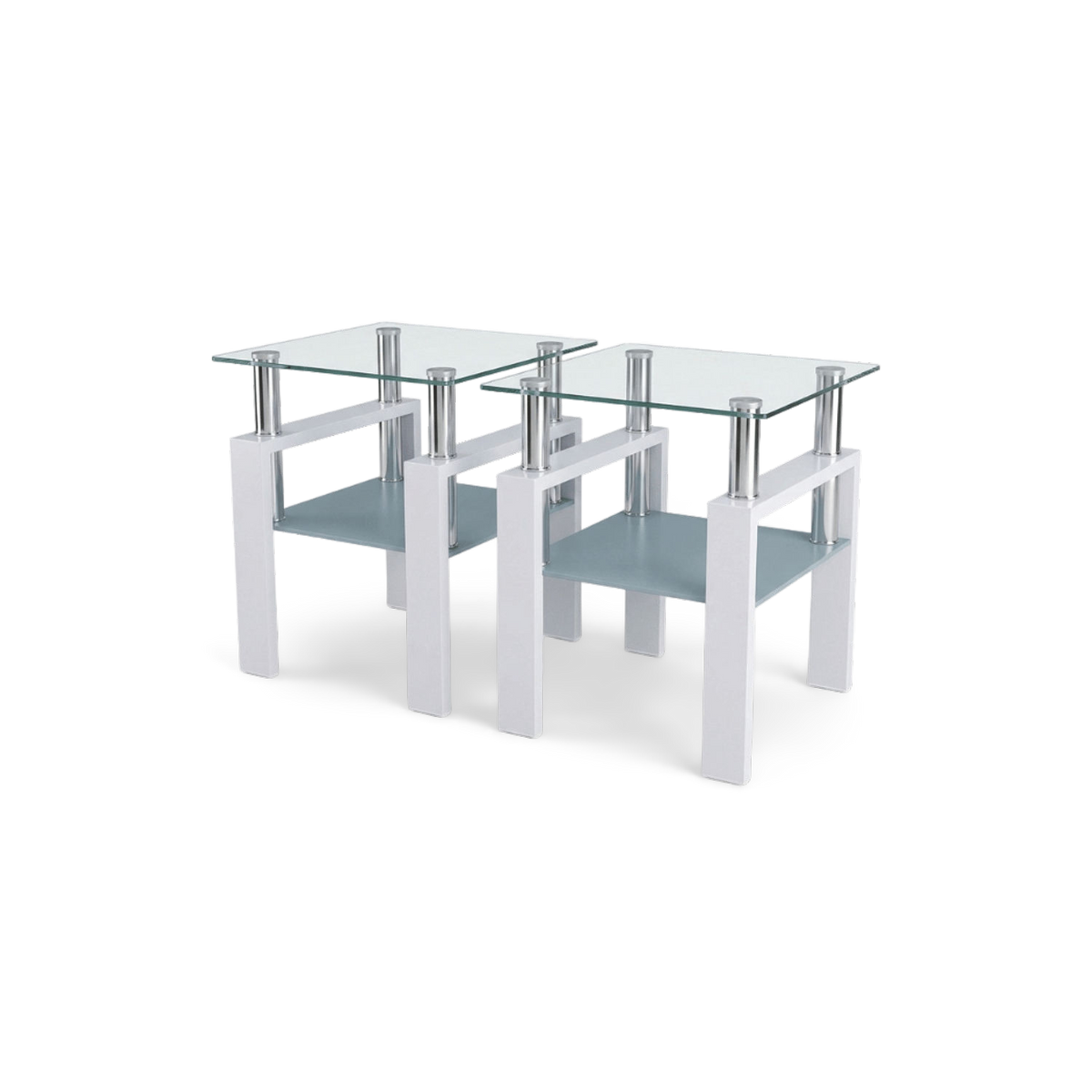 Set of 2 glass end tables with white frames and chrome posts, three-quarter angle view