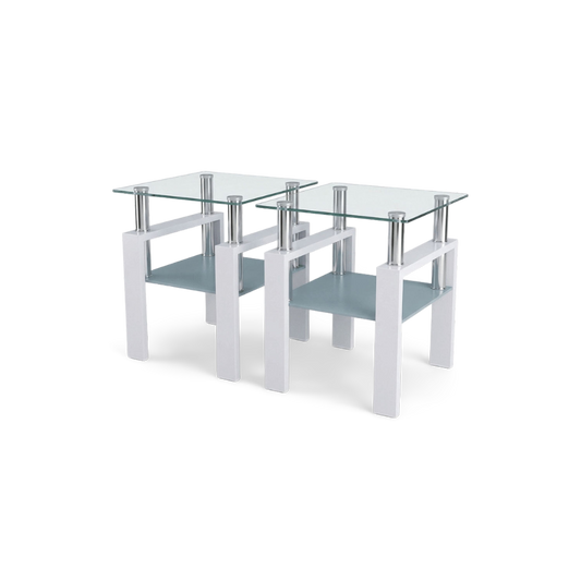 Set of 2 glass end tables with white frames and chrome posts, three-quarter angle view