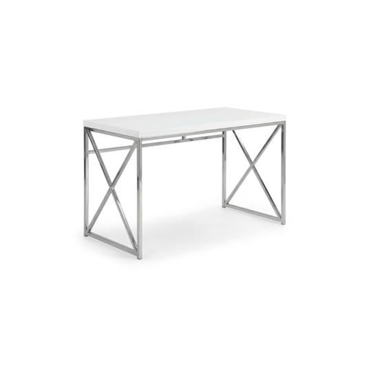 Chrome X-frame desk turned at an angle on a plain #f3f3f3 studio ground