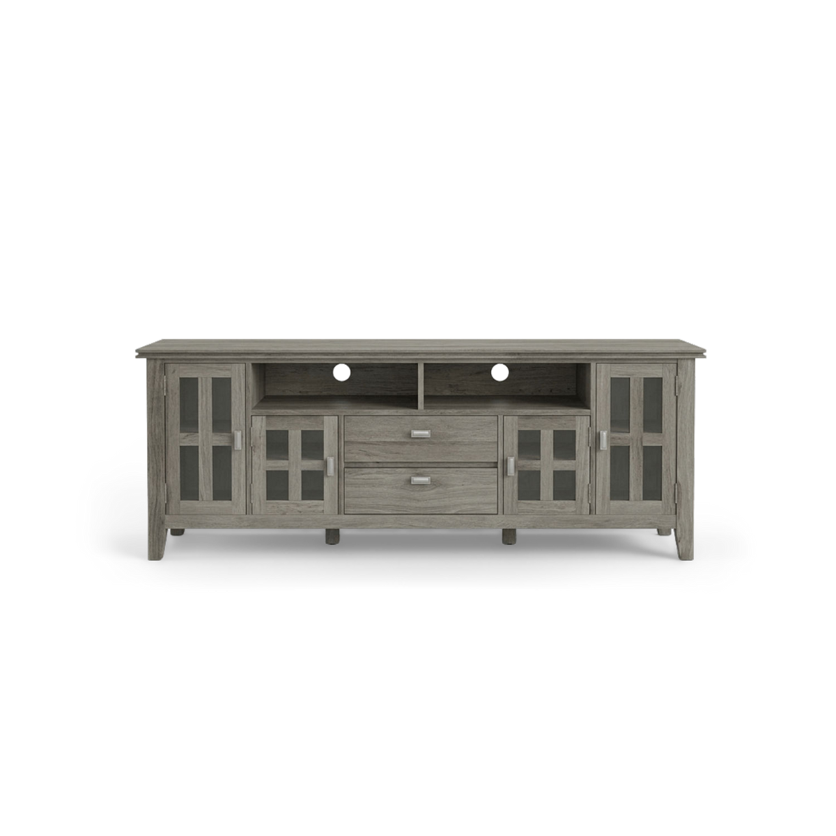 Gray wood TV stand, 72 inches wide, with glass-panel doors and two drawers, front view (plain studio)