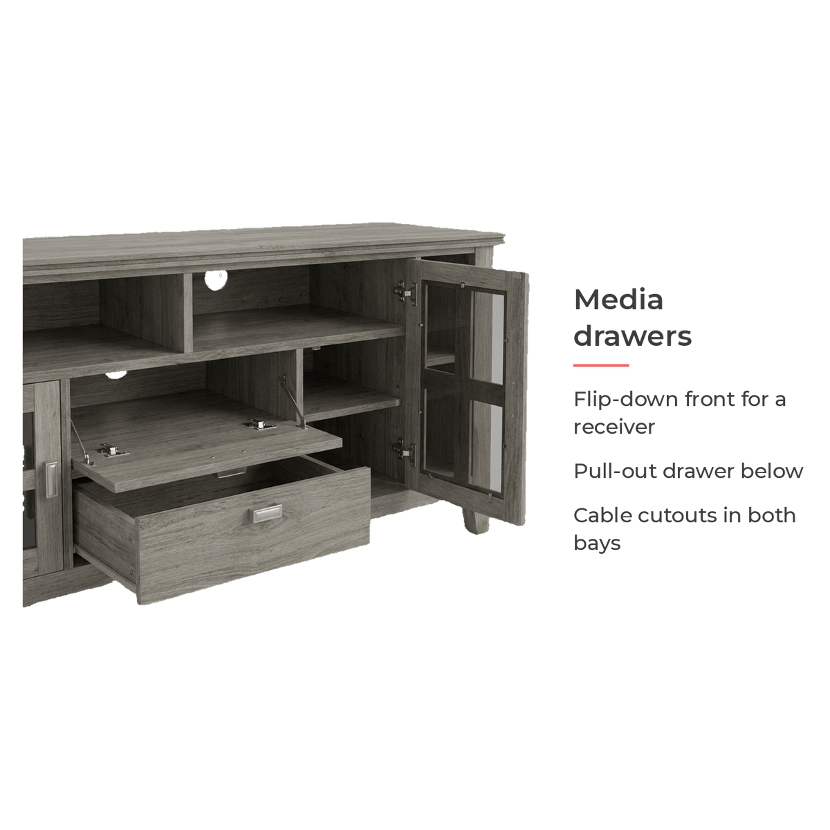 Media drawers card for the TV stand: flip-down front and pull-out drawer (feature callout)