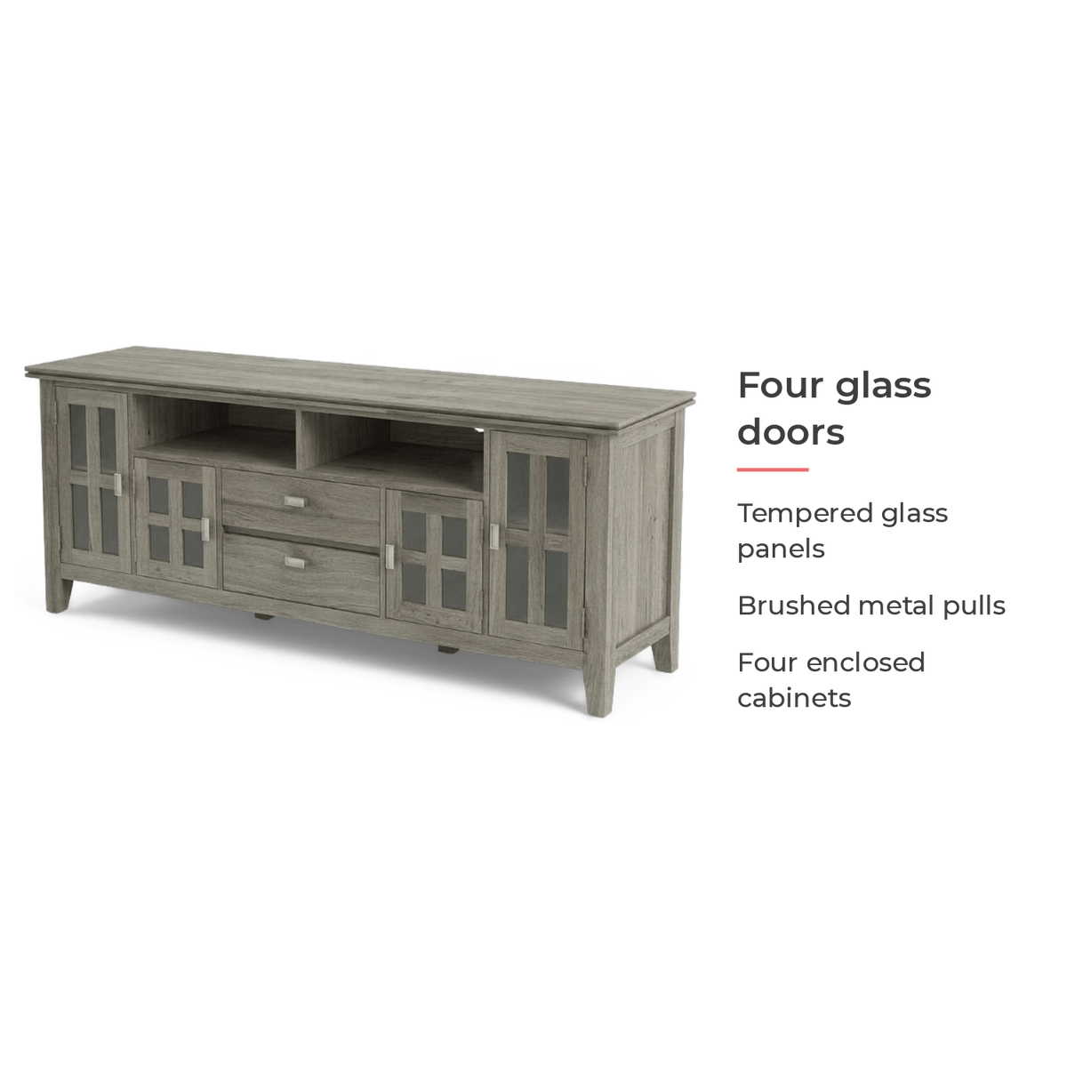 Four glass doors card for the TV stand: tempered glass and metal pulls (feature callout)