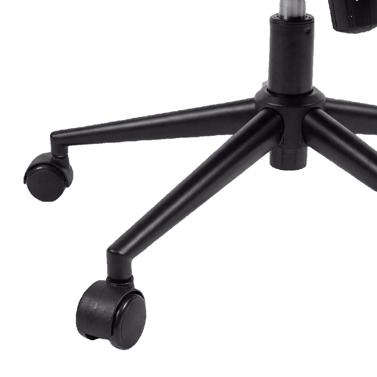 Black steel five-star base with dual-wheel casters (close-up detail)