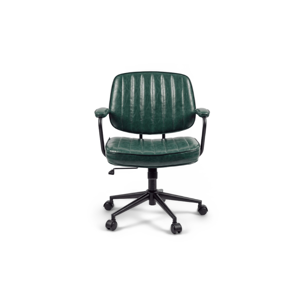Green leather office chair front view with channel-stitched backrest and padded arms