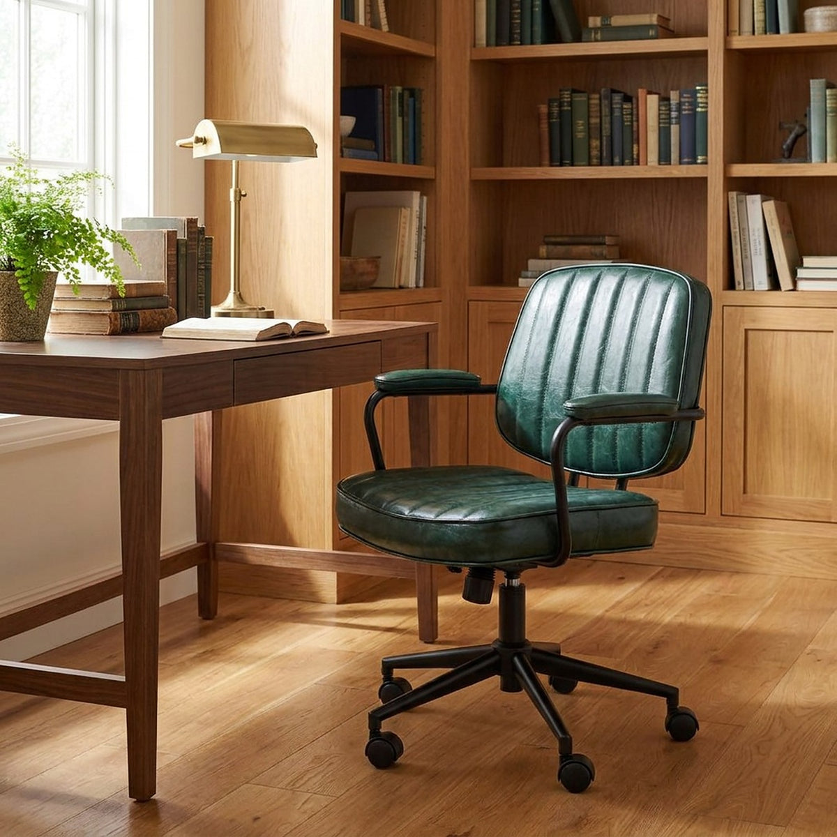 Green leather office chair angled beside a wooden desk and bookshelves