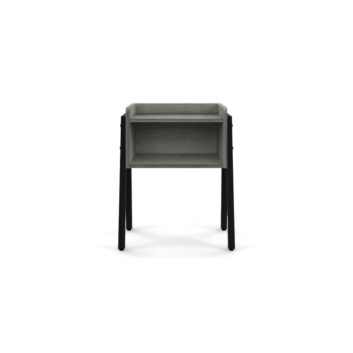 Grey accent table with an open shelf and black metal legs, front view