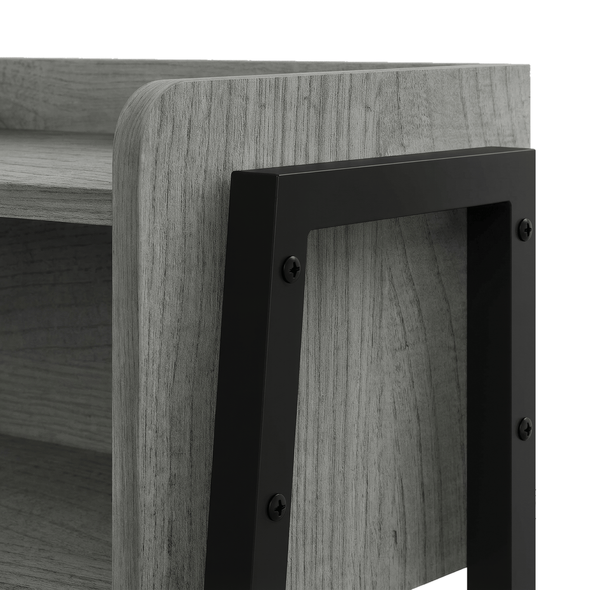 Close-up of the black metal leg frame bolted to the grey side panel with round-head screws (close-up detail)