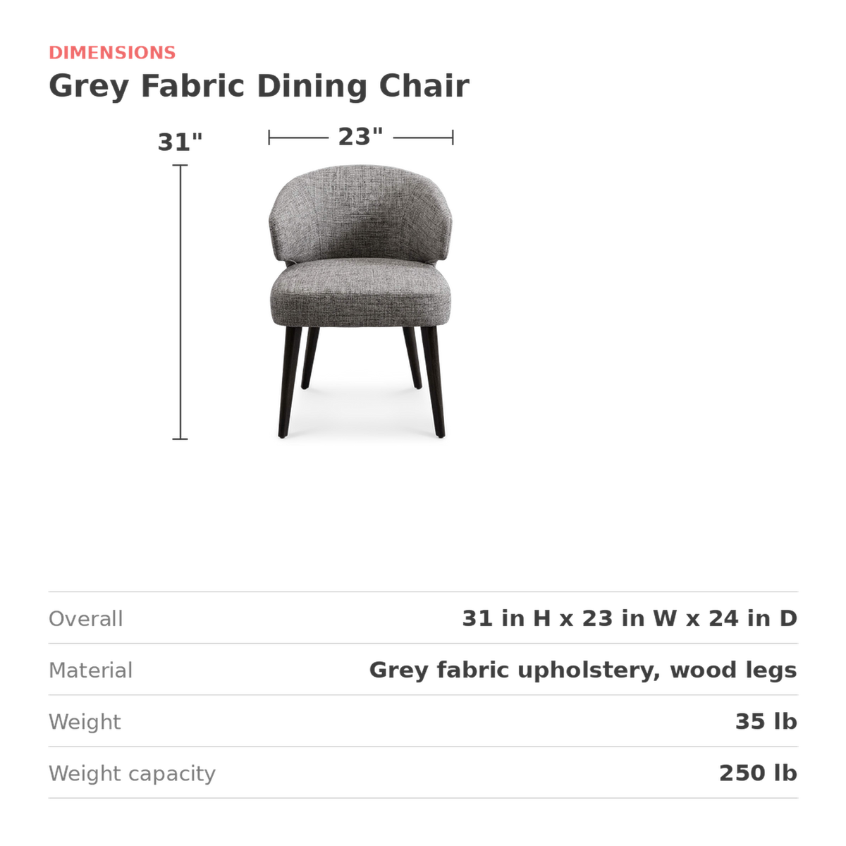 Dimensions of the chair: 23 in. wide, 24 in. deep, 31 in. high (dimensions)