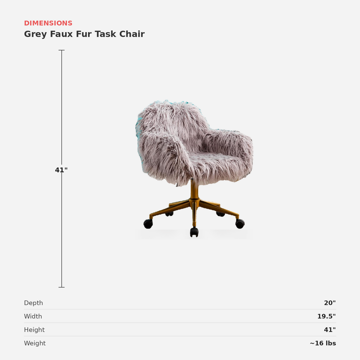 Grey Faux Fur Task Chair dimensions (feature callout)