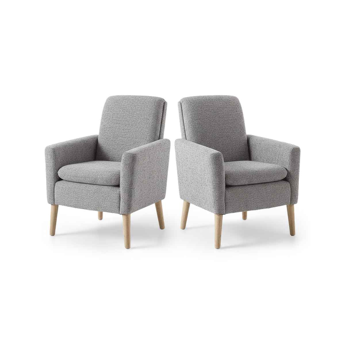Grey linen accent chairs set of 2 with solid wood legs, angled view (plain studio)