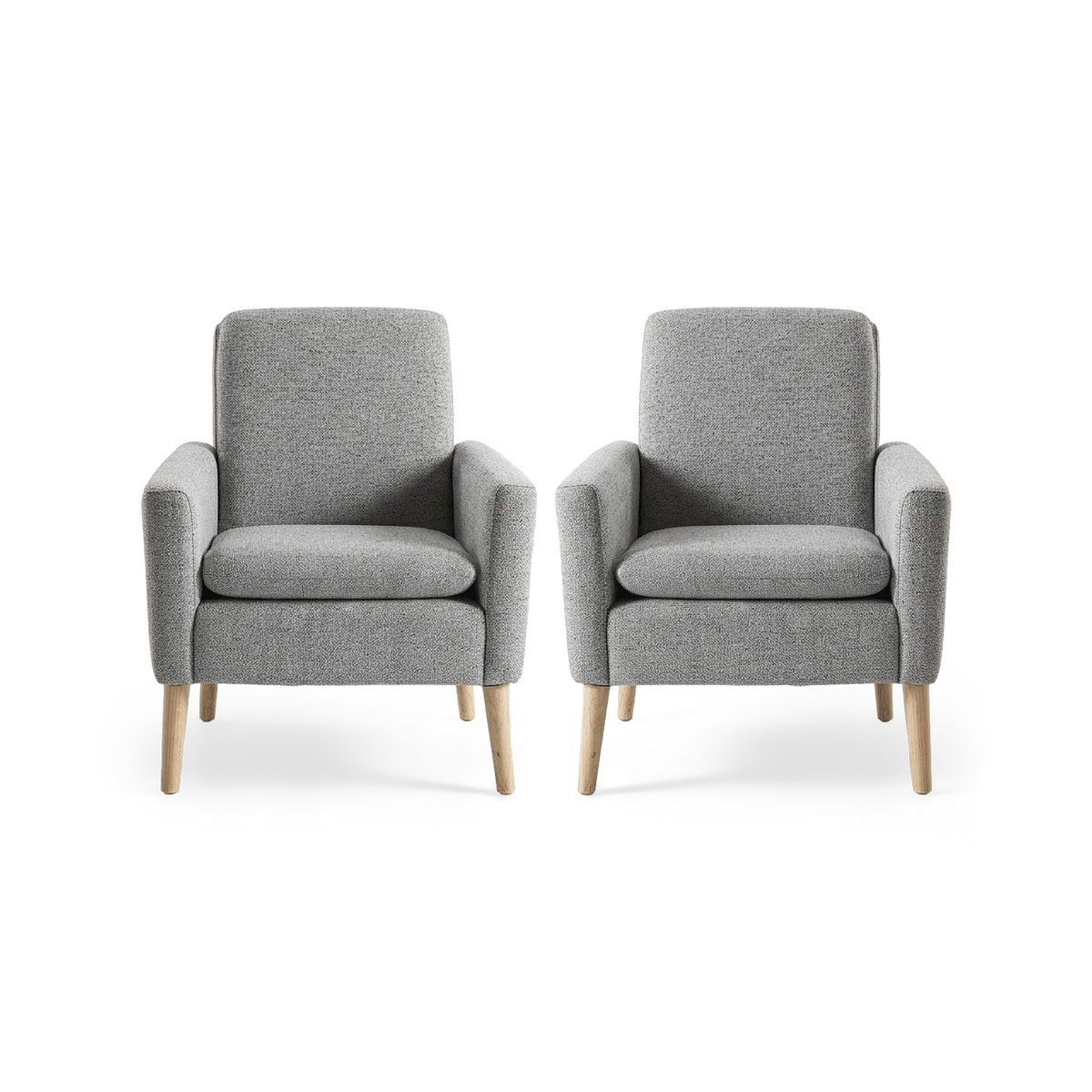 Grey linen accent chairs set of 2 with solid wood legs, front view (plain studio)