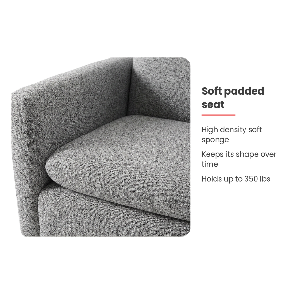 Soft padded seat features of the grey linen accent chair (feature callout)